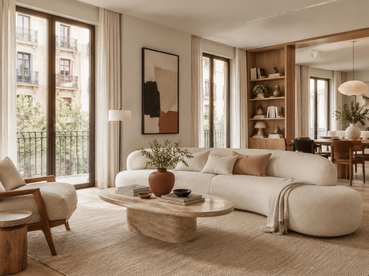 Salón contemporáneo bañado por luz natural en Chamberí
